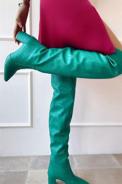 SHOETEK Stella Kadın Çizme Yeşil Cilt Kroko